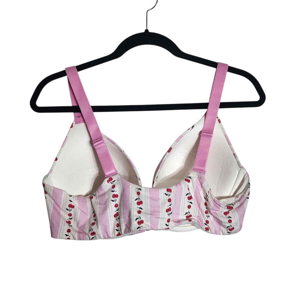 Cacique Front Close Underwire Bra 40DD Pink White Striped Cherry Print Cotton - Picture 2 of 6